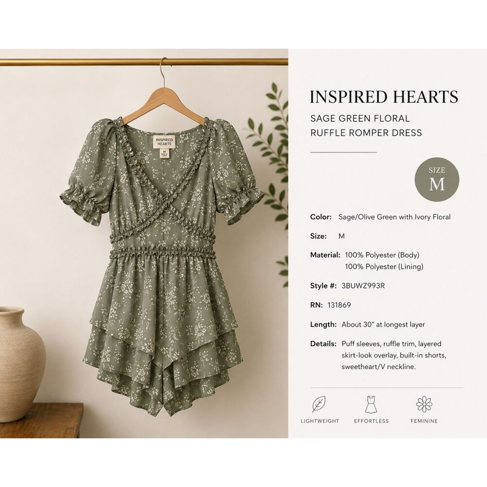 Inspired Hearts Sage Green Floral Ruffle Romper Dress Size M